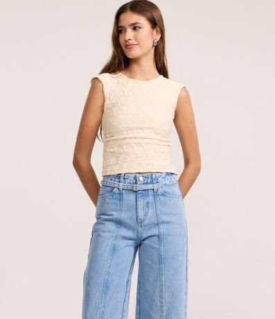 Pantalón Wide Leg Cintura Alta en Jeans con Cinturón de Tejido 2