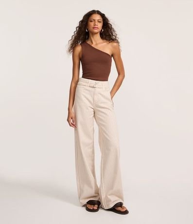 Pantalón Wide Leg Cintura Alta en Sarga Rayada y Cinturón Estrecho