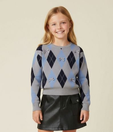 Saco Infantil en Punto Argyle con Aplicación de Moñitas – Talle 5 a 14 años