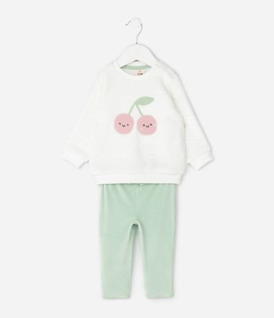 Conjunto Infantil con Bordado de Cerezas y Pantalón Acanalada – Talle 0 a 18 Meses