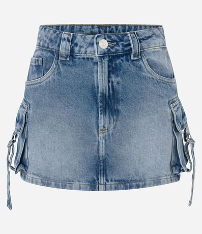 Pollera Reta Corta en Jeans con Hebilla no Bolsillo Cargo