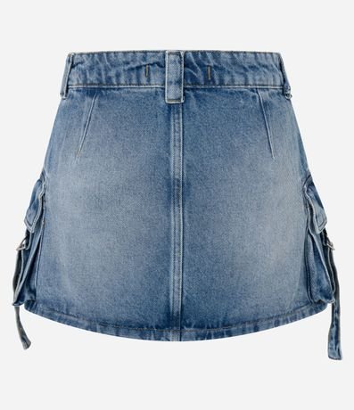 Pollera Reta Corta en Jeans con Hebilla no Bolsillo Cargo 2