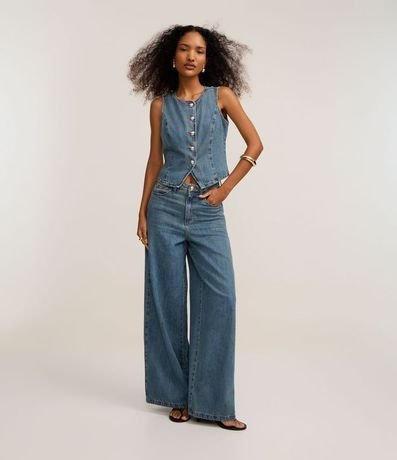 Pantalón Pantalona Cintura Alta en Jeans con Bolsillos