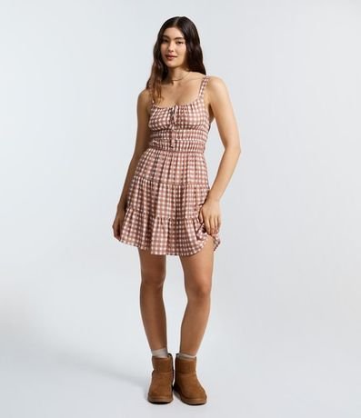 Vestido Corto Evasê en Viscosa y Estampado de Cuadros Vichy 2