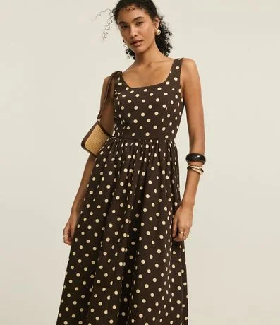 Vestido Evasê Midi en Tricolina con Estampa de Lunares