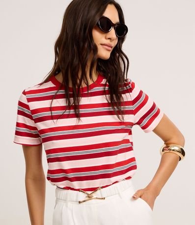 Blusa en Algodón con Rayas Variadas y Cuello Redondo