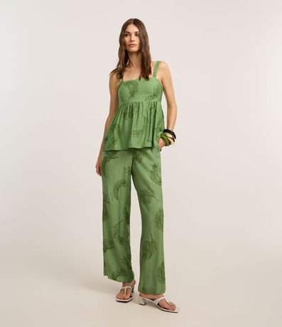 Pantalón Wide Leg en Viscosa con Bordado Follaje
