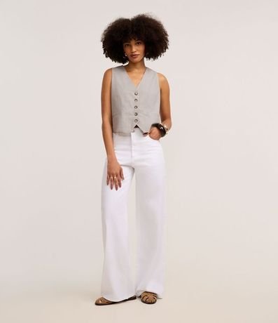 Pantalón Wide Leg Cintura Mediana en Sarga con Bolsillos