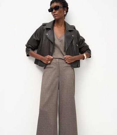 Pantalón Wide Leg en Punto Roma con Estampado de Cuadros 2