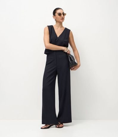 Pantalón Wide Leg en Punto Roma con Raya de Tiza