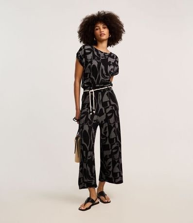 Pantalón Recto Acanalada en Viscosa con Cinturón Cuerda y Estampa Abstracta