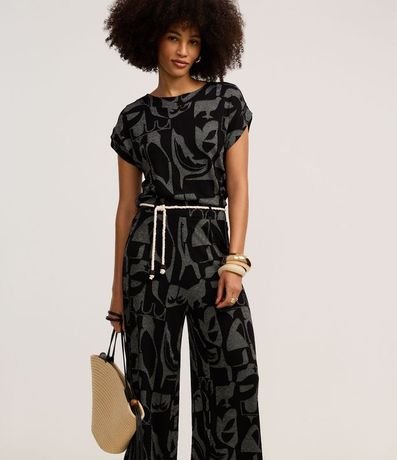 Pantalón Recto Acanalada en Viscosa con Cinturón Cuerda y Estampa Abstracta 2