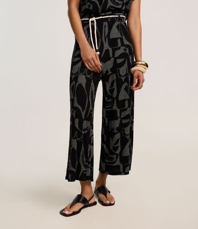 Pantalón Recto Acanalada en Viscosa con Cinturón Cuerda y Estampa Abstracta 3