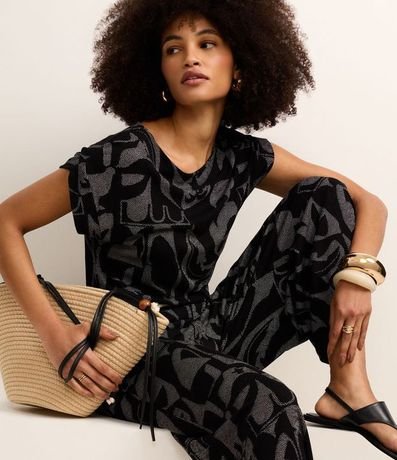 Pantalón Recto Acanalada en Viscosa con Cinturón Cuerda y Estampa Abstracta 5