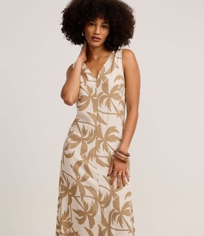 Vestido Evasê Midi en Viscolino con Estampa Follaje