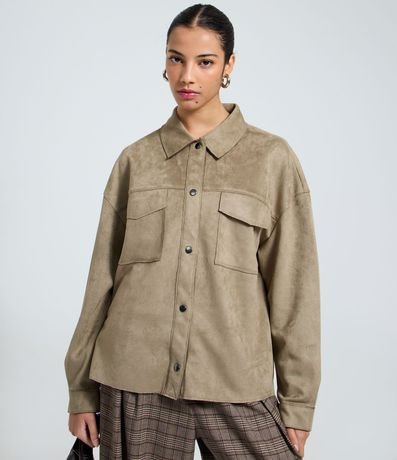 Camisa Regular en Gamuza con Bolsillo Cargo 5