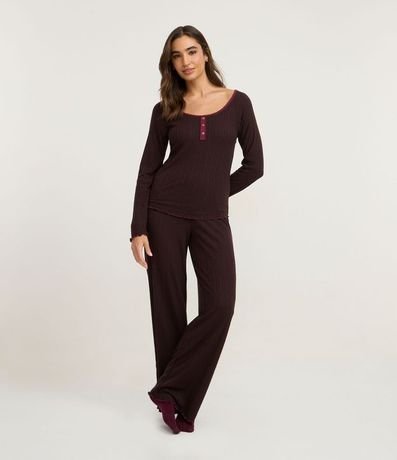 Pijama Larga en Rib con Blusa y Pantalón