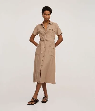 Vestido Midi en Sarga con Bolsos Utilitários y Lazo 2