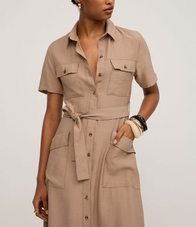 Vestido Midi en Sarga con Bolsos Utilitários y Lazo 4