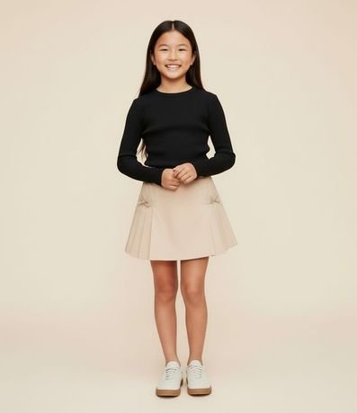 Short Pollera Infantil en Sarga con Pliegues y Moña - Talle 5 a 16 años