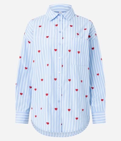 Camisa Alargada en Tricolina con Bordado de Corazones y Rayas 3