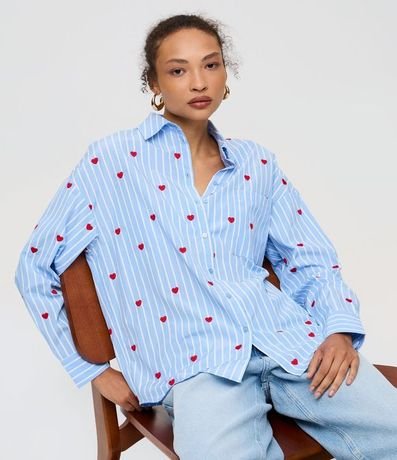 Camisa Alargada en Tricolina con Bordado de Corazones y Rayas