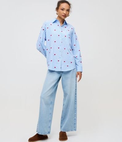 Camisa Alargada en Tricolina con Bordado de Corazones y Rayas 2