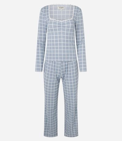 Pijama Largo en Rib de Cuadros con Escote de Encaje 4