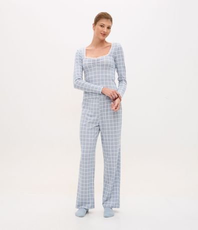 Pijama Largo en Rib de Cuadros con Escote de Encaje