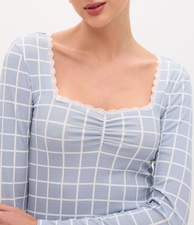 Pijama Largo en Rib de Cuadros con Escote de Encaje 2