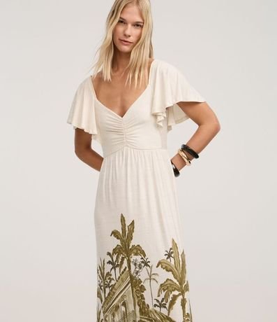 Vestido Largo con Manga Godê y Estampa Oro Negro