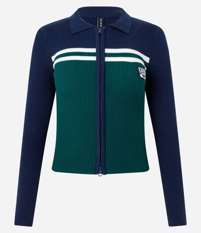 Blusa Cuello Polo en Punto con Estampado Náutica y Cremallera