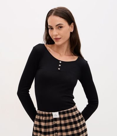 Blusa Pijama Acanalada con Botones en el Cuello Redondo