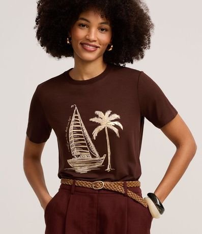 Blusa Slim en Algodón con Estampa Barco y Palmeras