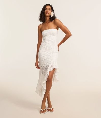 Vestido sin Breteles en Encaje con Volado Asimétrico