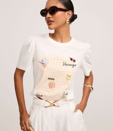 Blusa en Algodón con Estampa de Cuadros y Bordados Tropicais