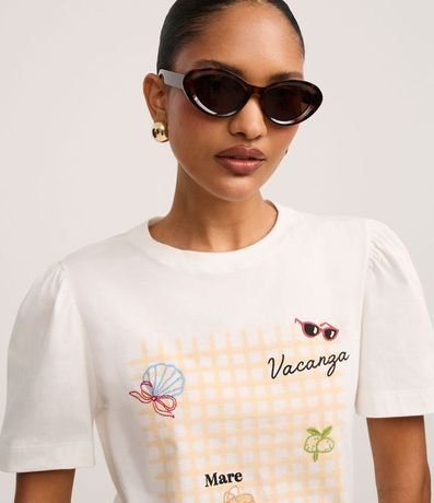 Blusa en Algodón con Estampa de Cuadros y Bordados Tropicais 3