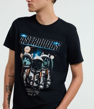 Remera Regular en Algodón con Estampa de Cachorros En Espacio y Lettering Astrodogs 3