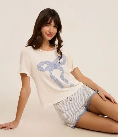 Short de Pijama en Viscosa Rayada con Encaje y Botones