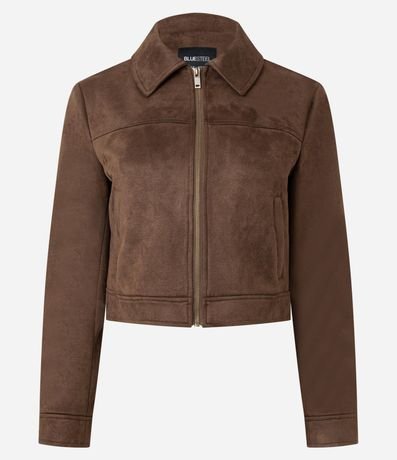 Campera en Gamuza con Cuello de Solapa y Bolsillo Lateral