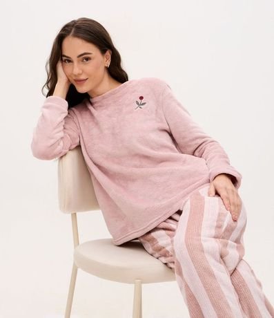 Pijama Largo en Fleece con Estampa de Rayas y Bordado de Flor