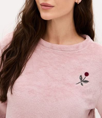 Pijama Largo en Fleece con Estampa de Rayas y Bordado de Flor 3