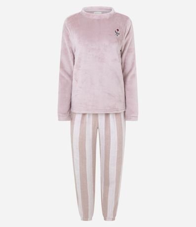 Pijama Largo en Fleece con Estampa de Rayas y Bordado de Flor 5