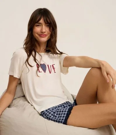 Short de Pijama en Viscosa de Cuadros con Encaje en el Ruedo