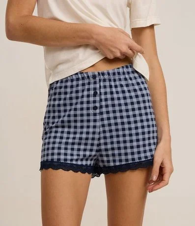 Short de Pijama en Viscosa de Cuadros con Encaje en el Ruedo 3