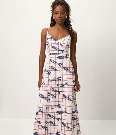 Vestido Midi con Tirantes Finos y Estampa de Peces