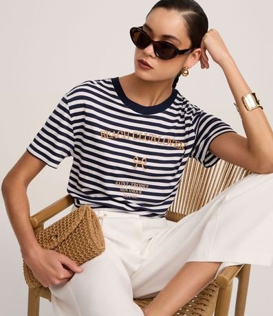 Blusa Slim en Algodón con Rayas y Bordado Beach Club