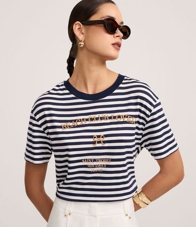 Blusa Slim en Algodón con Rayas y Bordado Beach Club 2