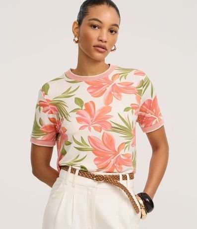 Blusa en Viscolycra con Cuello de Punto y Estampa Floral