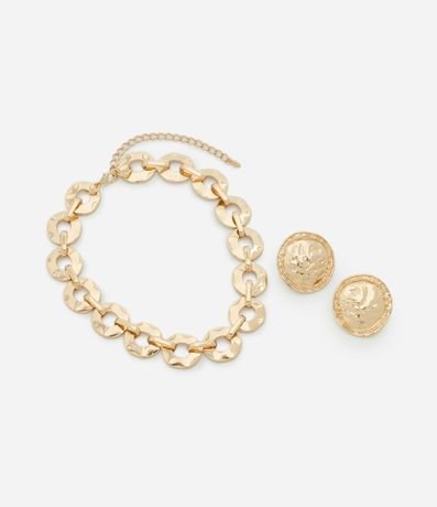 Conjunto de Collar con Cadena de Eslabones y Caravana Medalla Martillado 2